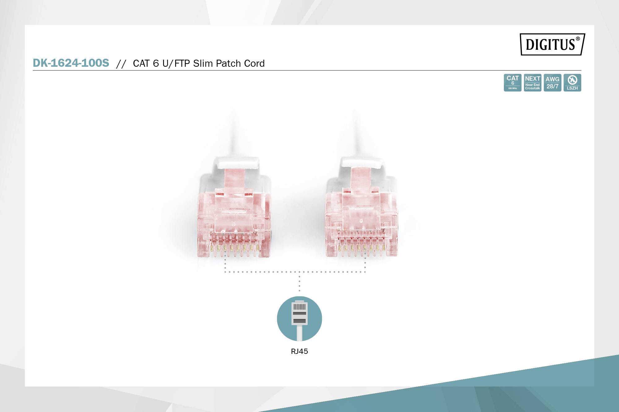 Två RJ45-kontakter på en CAT 6 U/FTP smal patchkabel, modell DK-1624-100S, från Digitus, mot vit bakgrund.