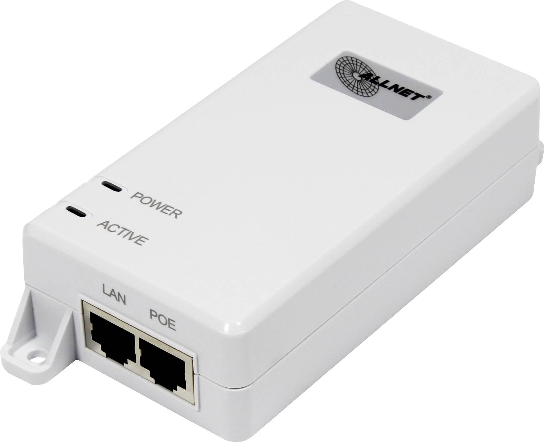 Vit Power-over-Ethernet (PoE)-adapterbox med två Ethernet-portar, märkta 'LAN' och 'POE'. LED-indikatorer för 'POWER' och 'ACTIVE'.