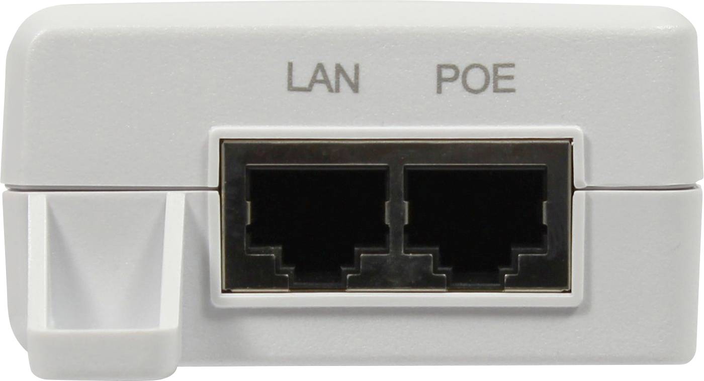 Två nätverksanslutningar på en enhet. Den vänstra anslutningen är märkt med 'LAN', den högra med 'POE'.