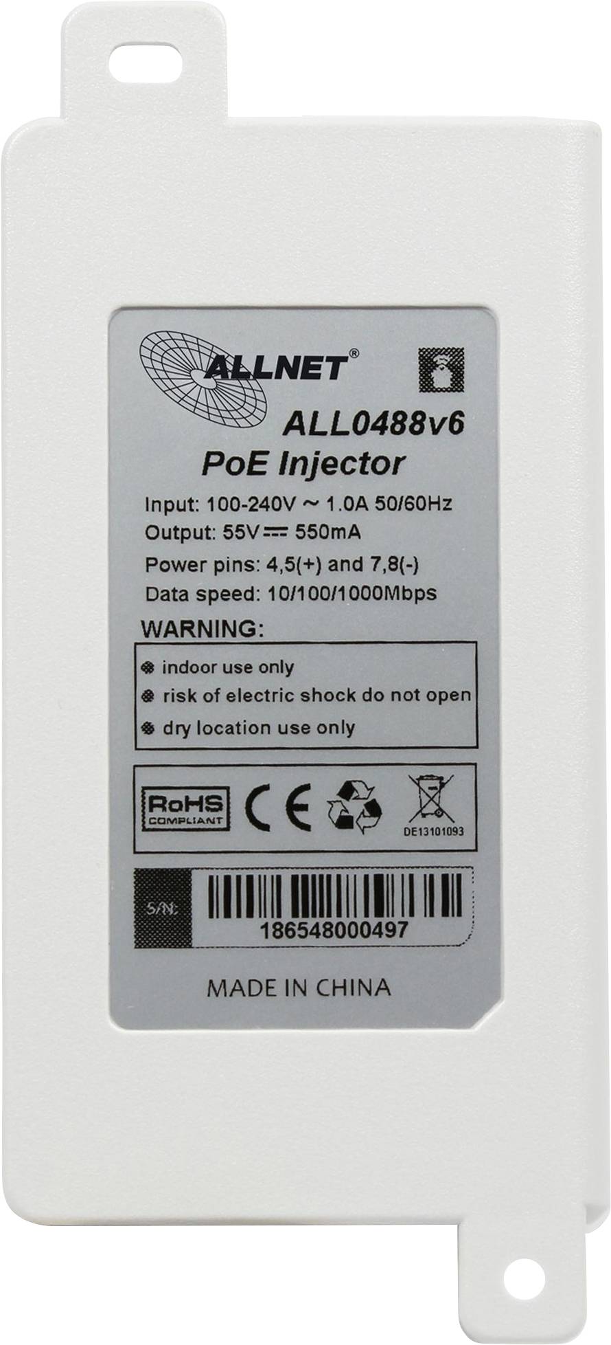 ALLNET ALL0488v6 PoE-injektor. Ingång: 100-240V, Utgång: 55V. Strömstift: 4,5(+) och 7,8(-). Datahastighet: 10/100/1000Mbps. Varningsanmärkningar: Endast för inomhusbruk.