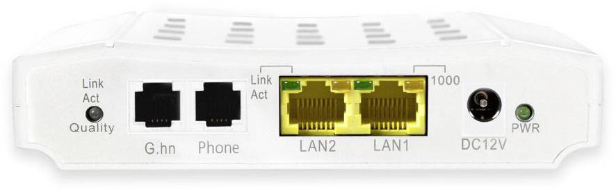 En vit modem med anslutningar: G.hn, telefon, två LAN-portar, ett nätverksuttag och LED-indikatorer för anslutningar och ström.