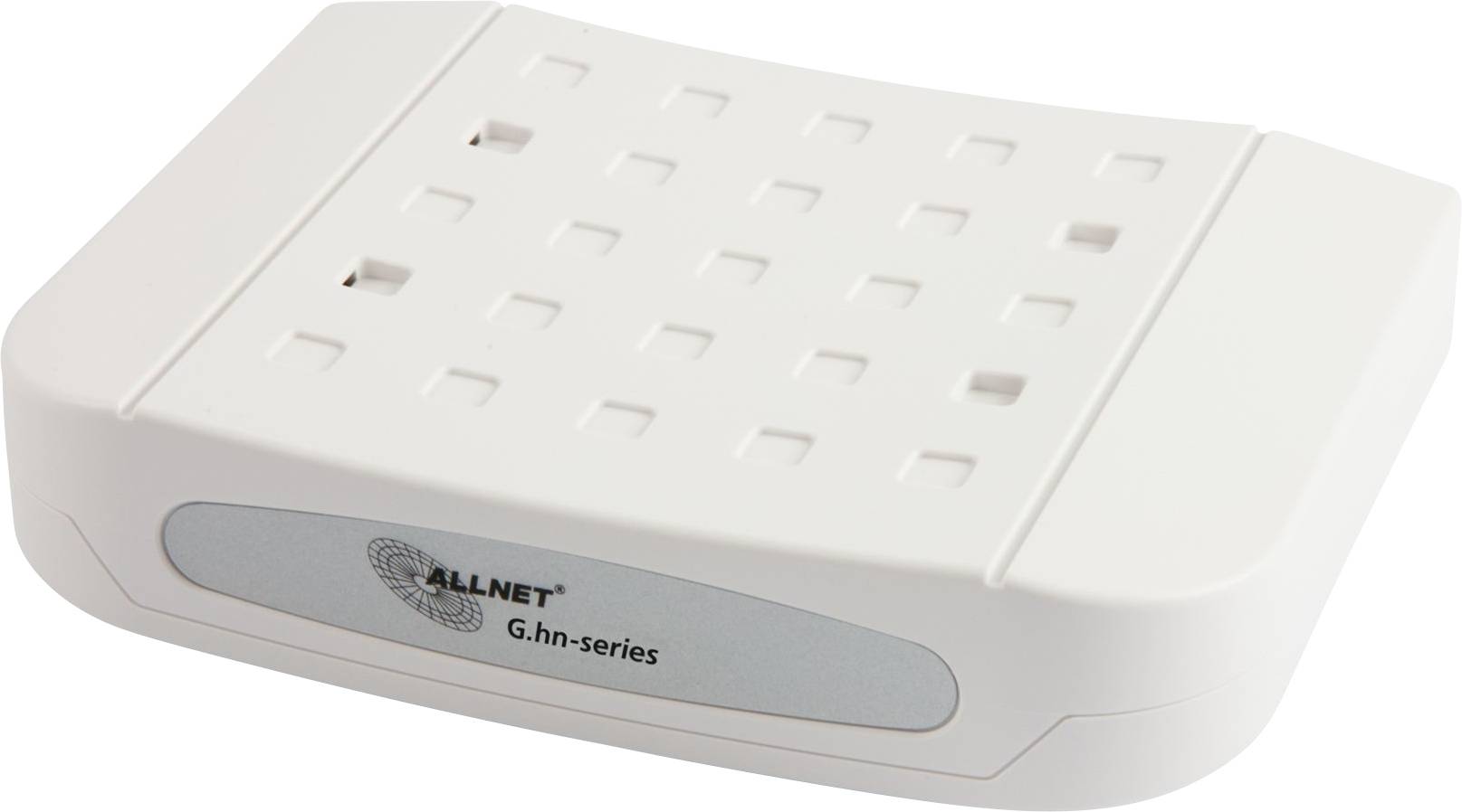 En vit router från G.hn-serien, rektangulär med avrundade hörn, har en räfflad ovansida och anslutningar på baksidan.