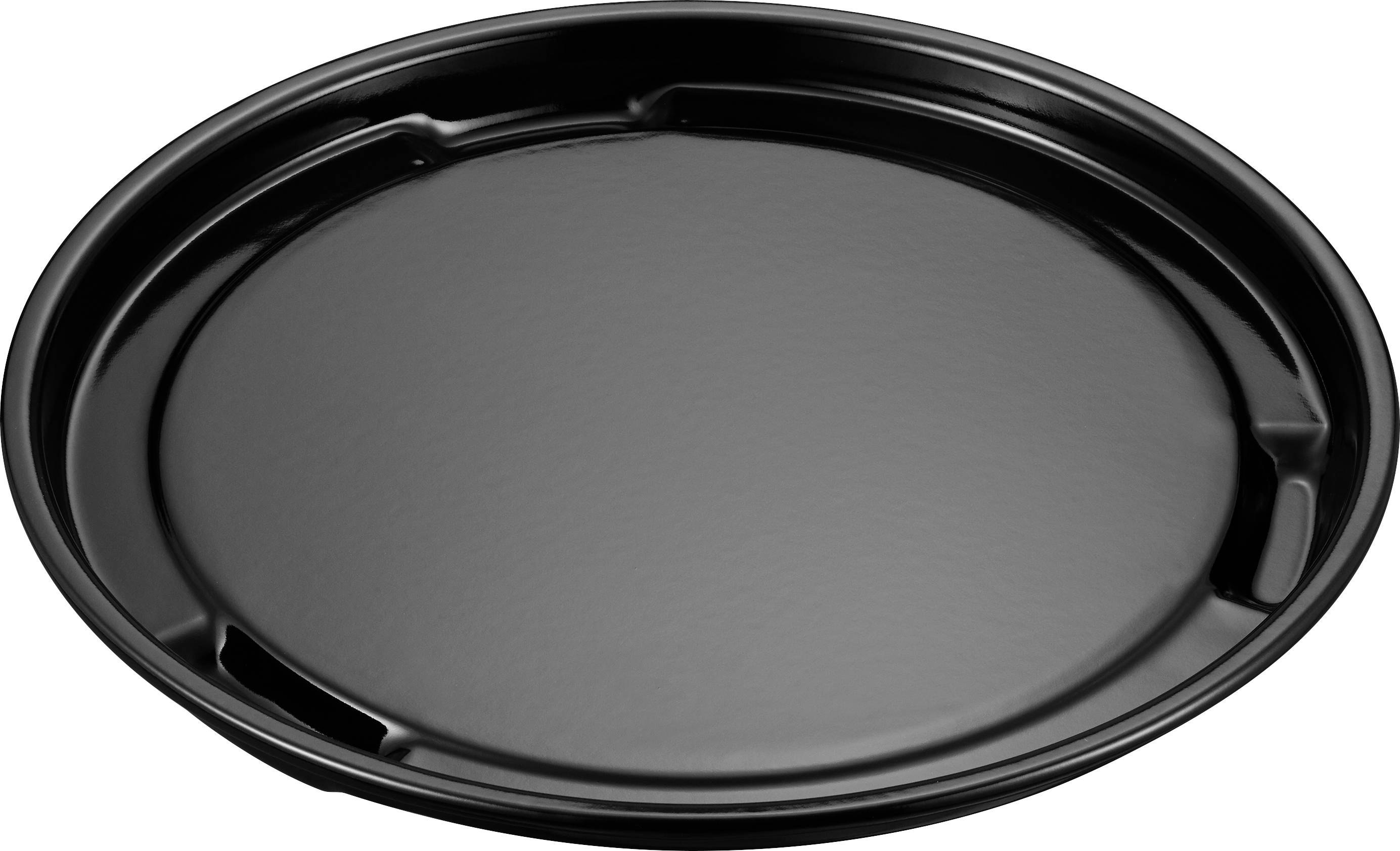 Svart, rund plastlock, platt utformat, med förhöjd kant och tre口 口inkörda flikar längs kanten.