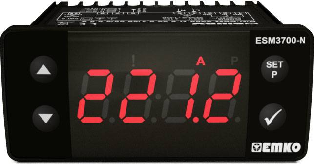 Digital temperaturregulator med röda LED-displayer som visar '22.1'. Två knappar på vänster sida, varumärkesnamn 'EMKO' längst ner till höger.