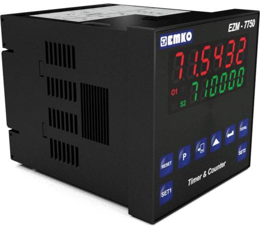 En digital enhet med en display som visar '71.5432' i rött och '710000' i grönt, omgiven av blå manöverknappar. Enheten visar timer- och räknarfunktioner.