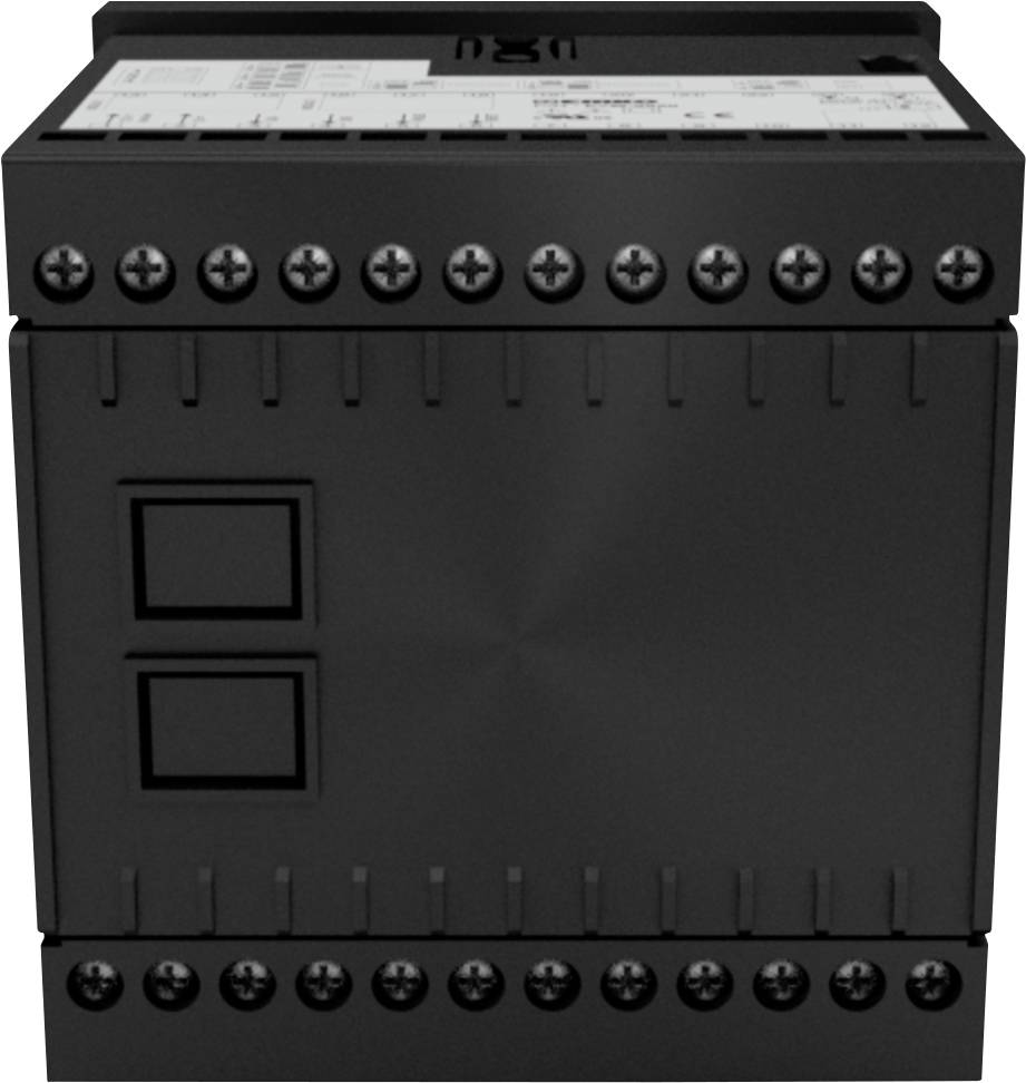 Svart elektronisk enhet med skruvar längs kanterna och två kvadratiska knappar på framsidan.