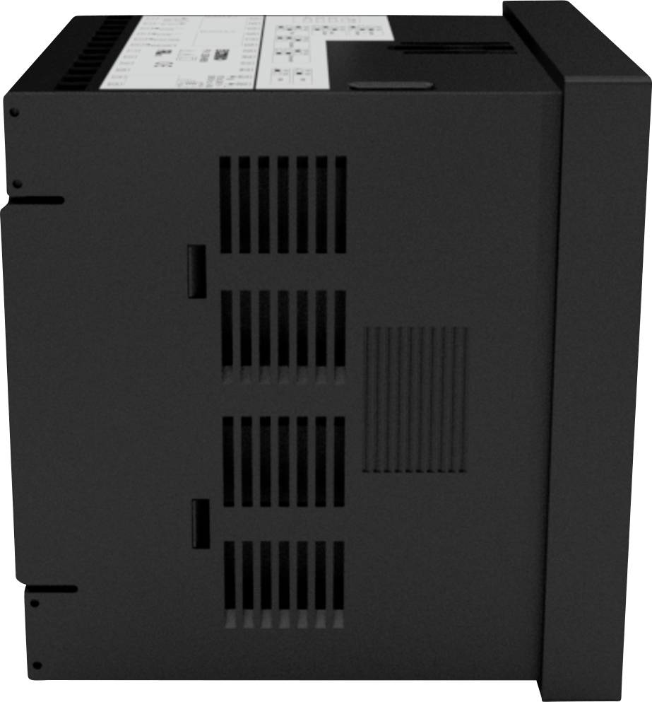 Svart elektronisk apparat, sannolikt en styrenhet, med ventilationsspår och ett reglage överst.