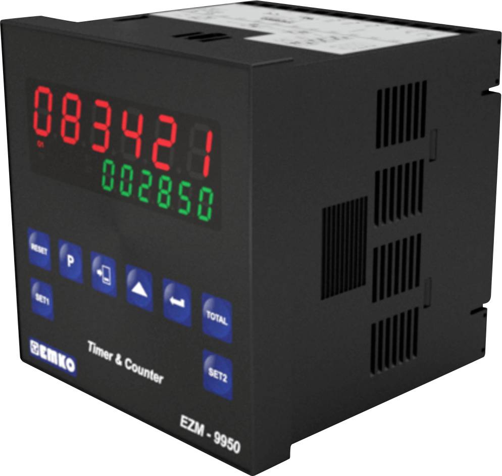 Elektronisk enhet med digital display visar '083421' i rött och '002850' i grönt. Manöverknappar nedanför. Modell: EZM-9950.