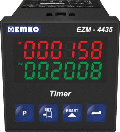 Digital timer med display visar '000158' överst i rött och '002008' nedtill i grönt. Knappar nedtill: 'P', 'SET', 'RESET', högerpil.