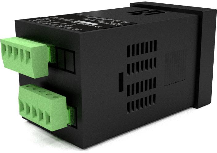 En svart elektronisk enhet med gröna kontaktterminaler, troligen en industriell styrenhet, visar anslutningar på sidan.