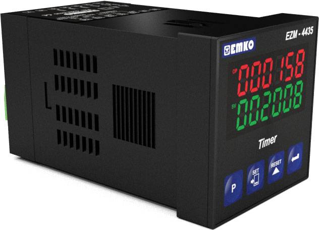 En digital timer visar olika tidsvärden i röda och gröna siffror. På höger sida finns knappar för styrning.