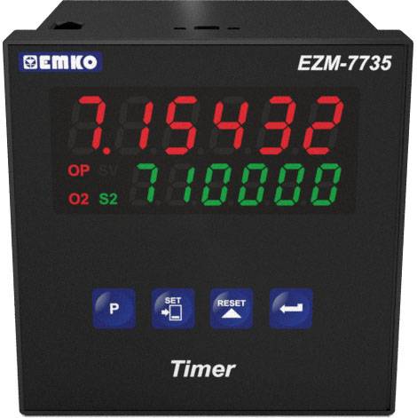 En digital timer med en display som visar siffrorna '7.15432' i rött och '710000' i grönt. Under displayen finns knappar för inställningar och återställning.