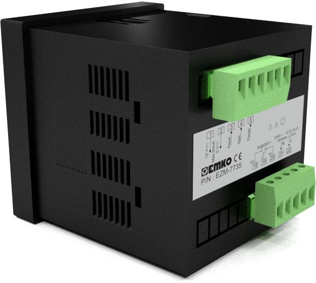 En svart elektronisk enhet med gröna anslutningar, modellnummer och tillverkaruppgifter på en etikett. Funktionen är oklar.