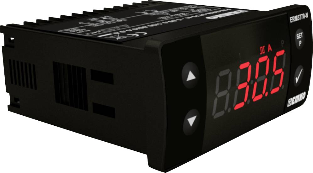 Svart elektronisk enhet med digital display visar '30.5' i röda siffror, knappar för inställning nedanför.