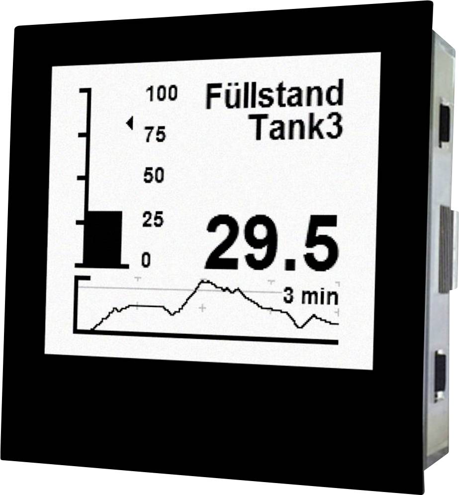 Svart-vitt display visar 'Tanknivå Tank3', med ett stapeldiagram och en kurva nedanför. Aktuellt värde: 29,5.