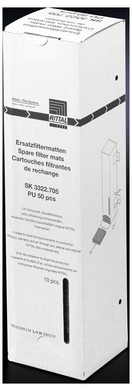 En vit förpackning med texten 'Ersättningsfiltermattor SK 3322.705 PU 50 st.' och illustrationer som visar filtrets användningsområde.