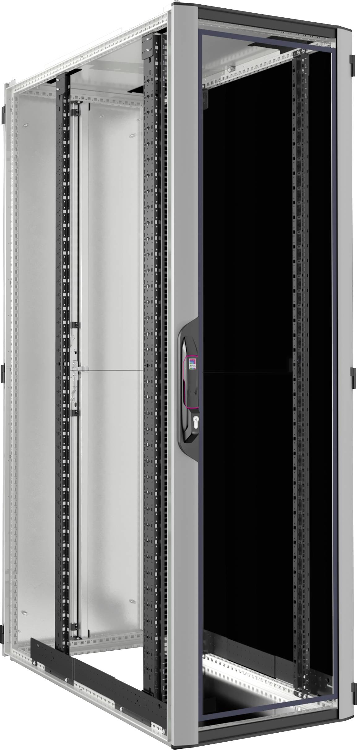 Grå-svart serverrack, öppet. Frontvy visar rymligt inre för placering av IT-komponenter.
