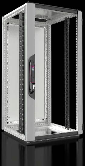 Ett öppet server-rack-skåp, svart-silver, står på en blank yta. Dörren är öppen, insidan synlig.