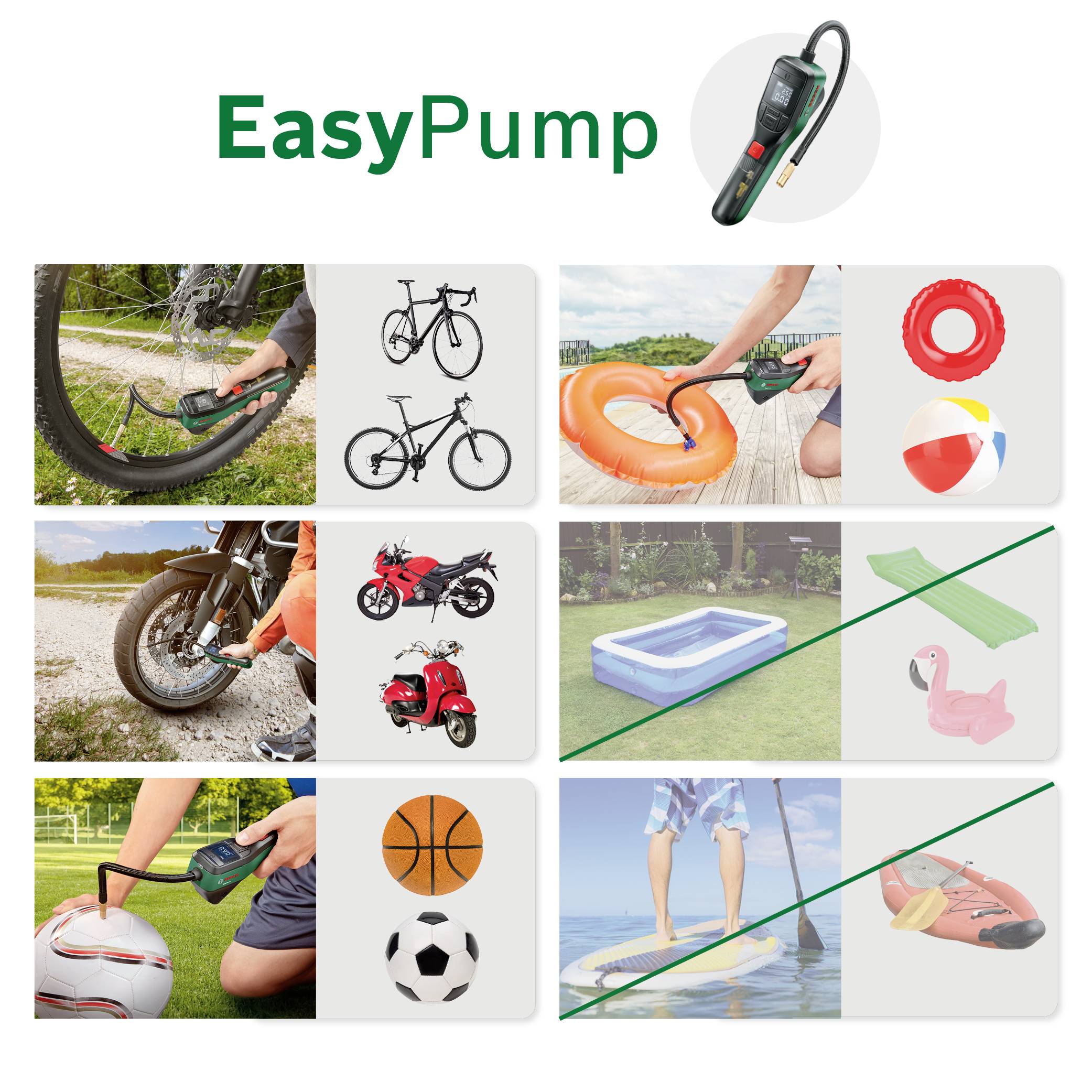 'EasyPump' visar en bärbar pump för att blåsa upp däck, simringar, motorcyklar, bollar och uppblåsbara pooler.