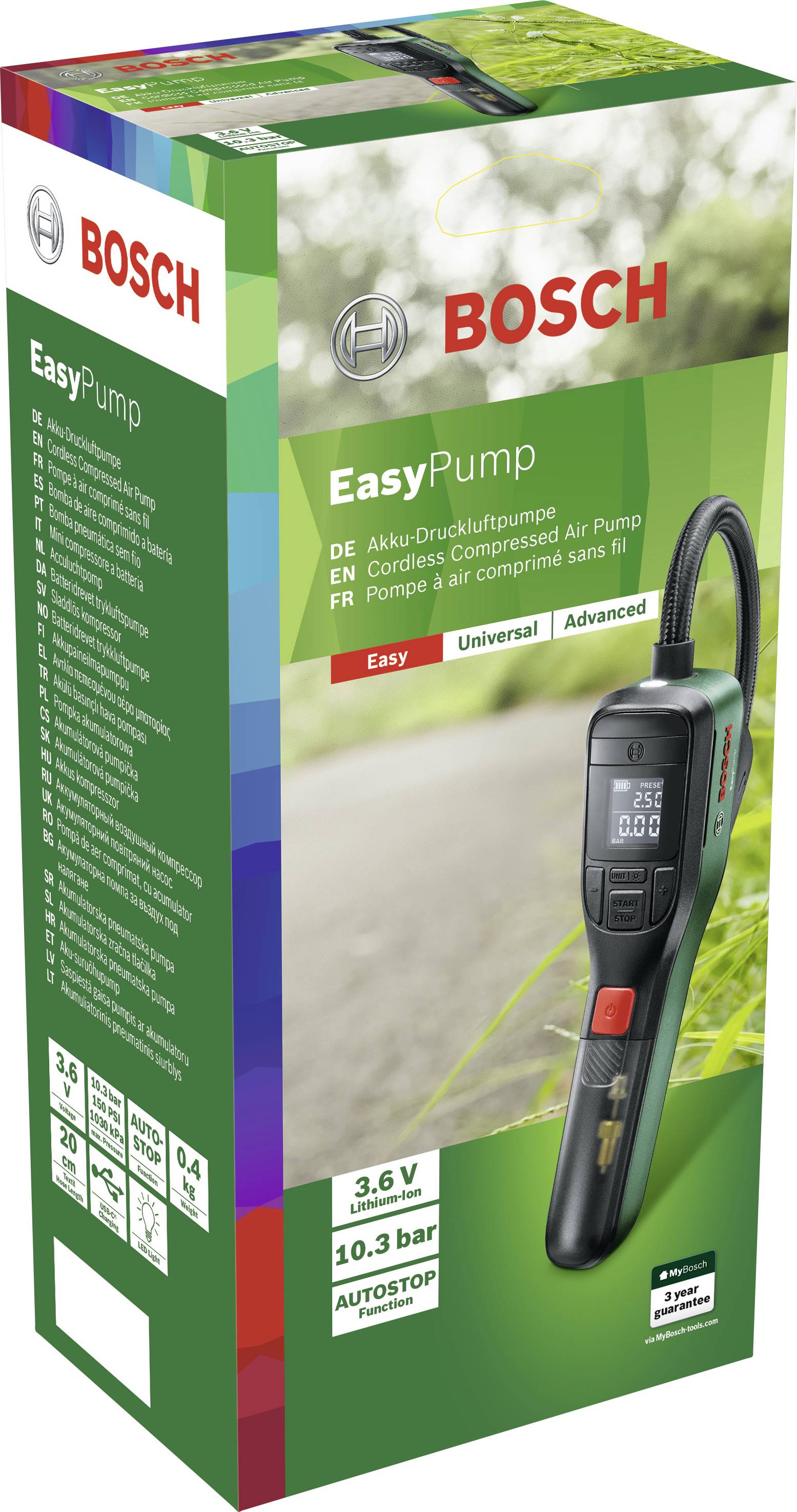 'Bosch EasyPump' förpackningen visar en sladdlös tryckluftpump. Funktioner: 3,6 V, 10,3 bar, 'AutoStop', lämplig för däck och bollar.