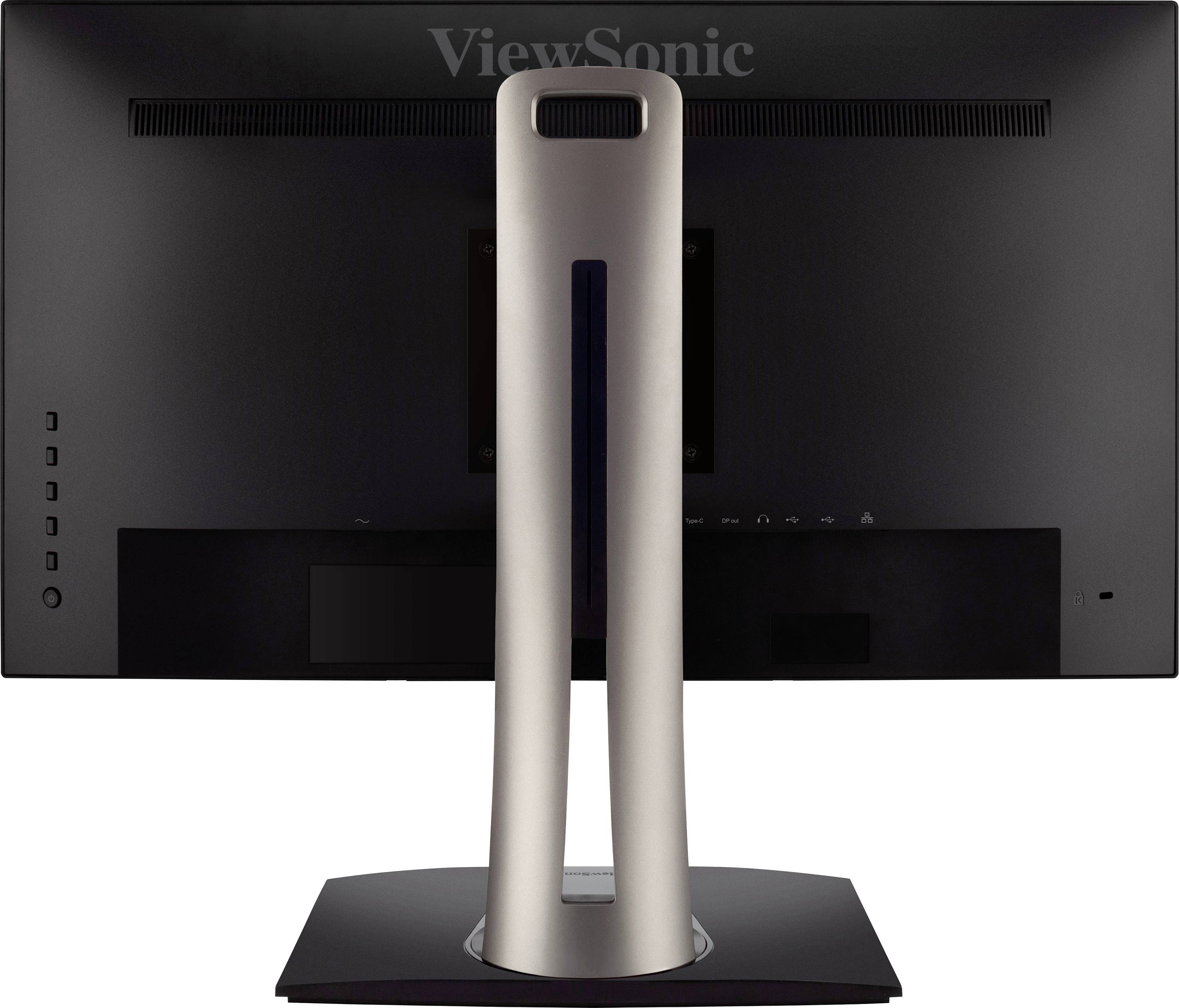 En datorskärm sedd bakifrån, med ett stabilt, silveraktigt stativ. Varumärket är synligt på den övre baksidan.