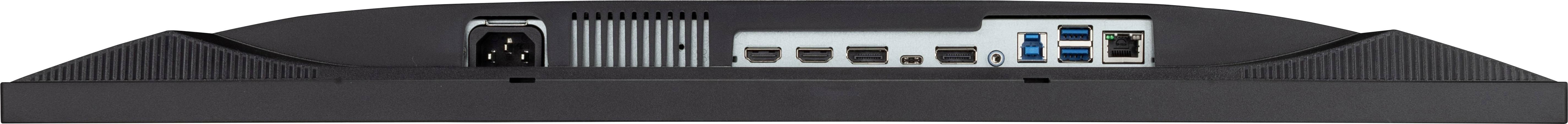 Anslutningar på baksidan av en skärm: strömuttag, HDMI, USB, ljudutgång.