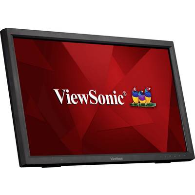 En svart ViewSonic-skärm visar en röd bakgrundsbild med texten 'ViewSonic' och logotypen med tre färgglada fåglar.
