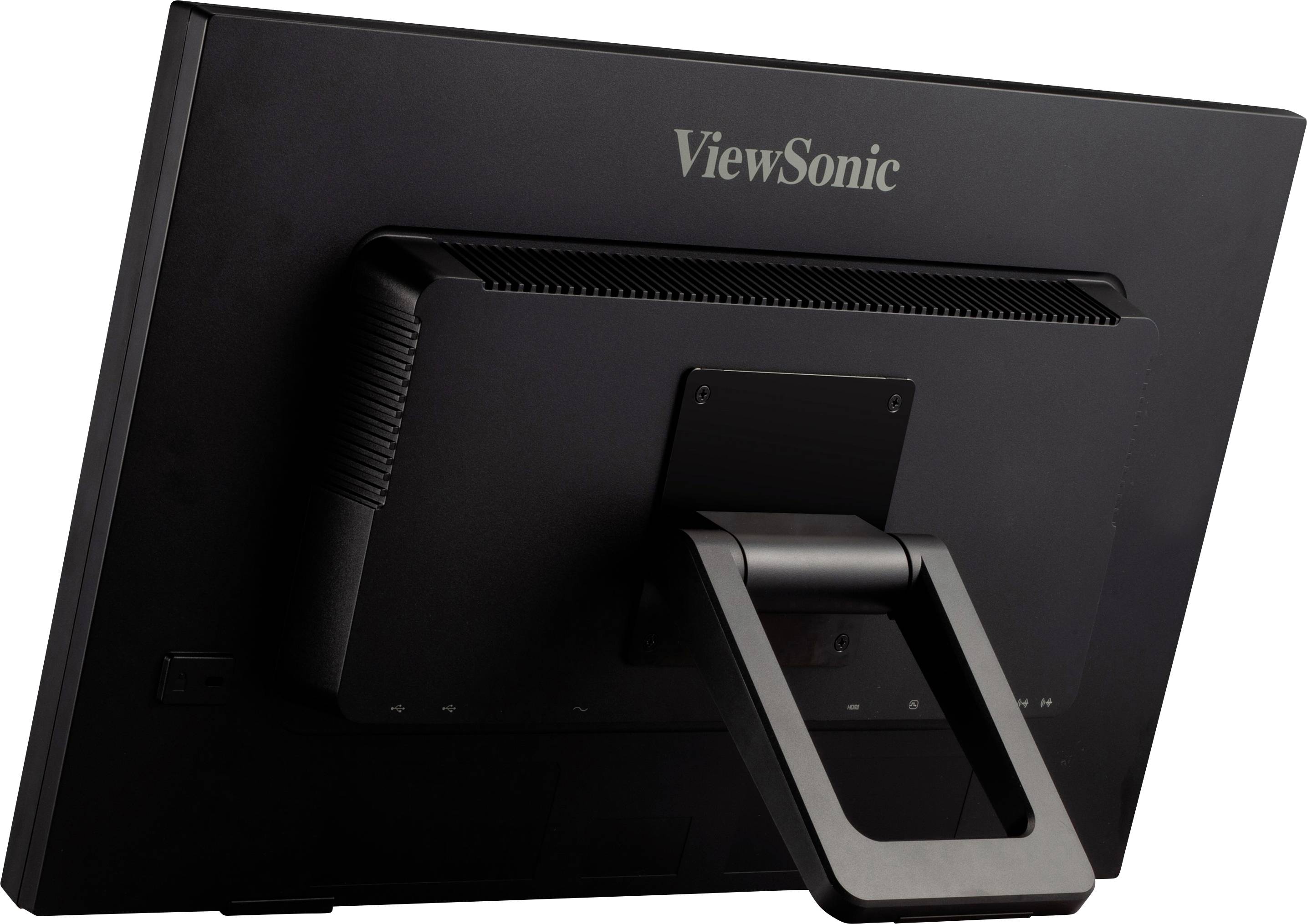 En svart skärm sedd bakifrån med ett stabilt, rektangulärt stativ; varumärket ViewSonic syns överst.