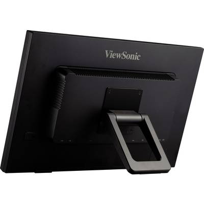 En svart skärm sedd bakifrån med ett stabilt, rektangulärt stativ; varumärket ViewSonic syns överst.