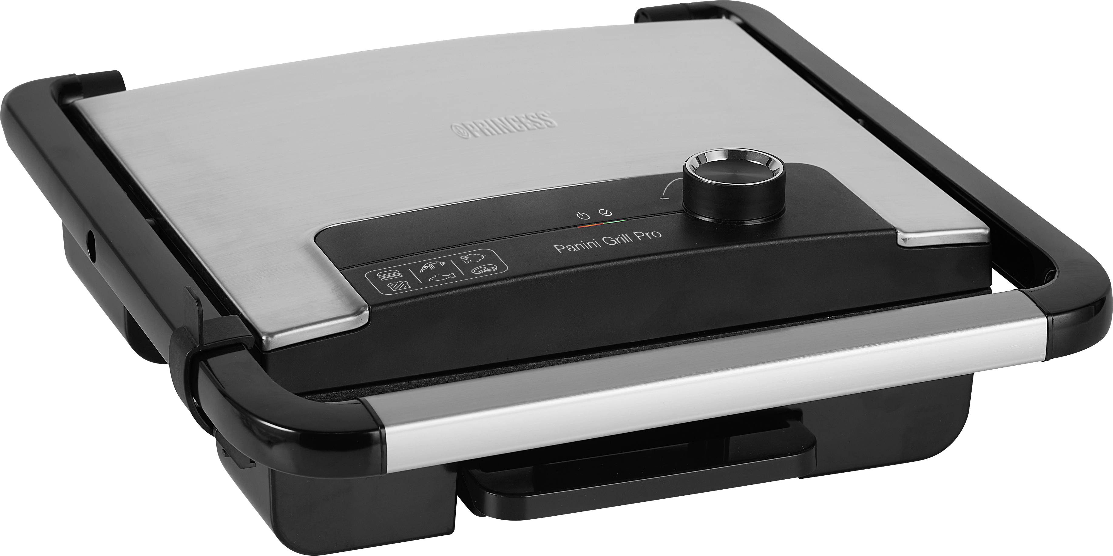 Elektrisk kontaktgrill med hölje av rostfritt stål och vred, lämplig för grillning och rostning.