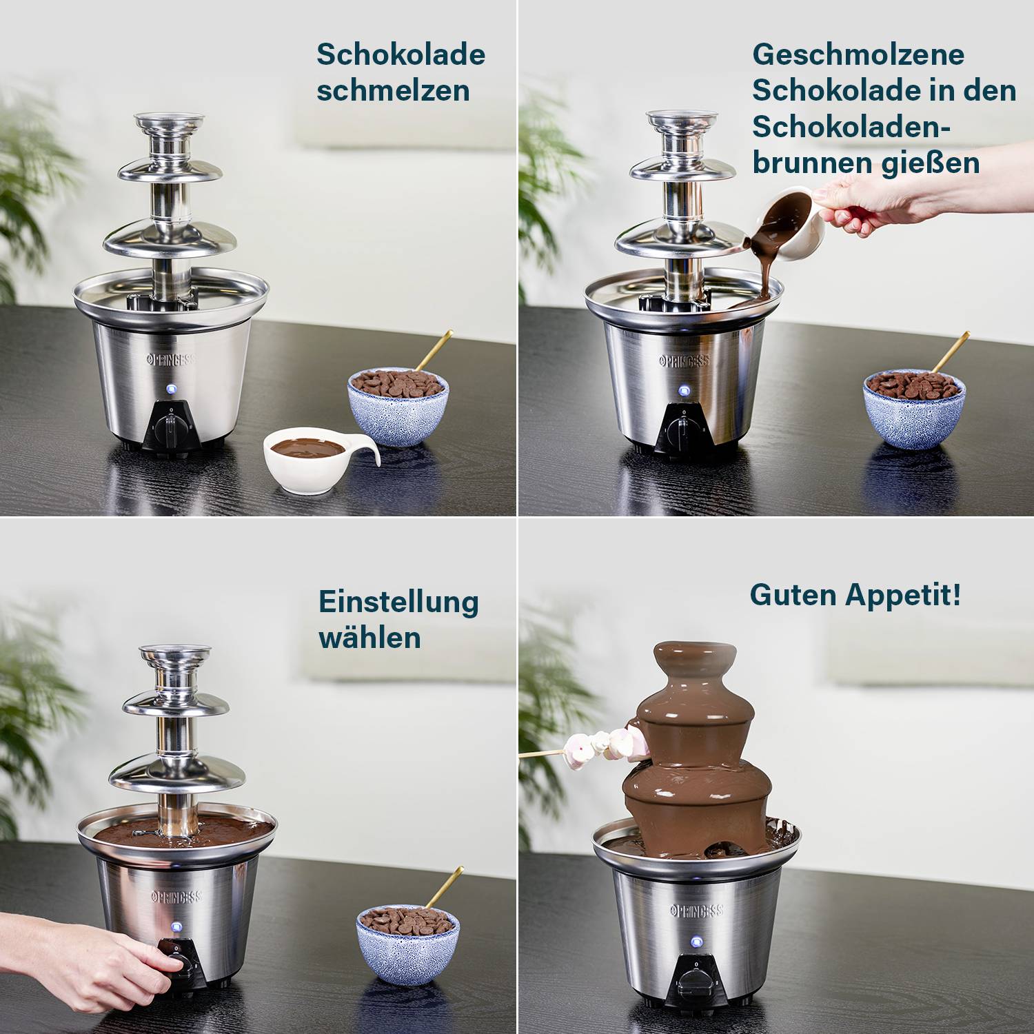 'Chokladfontän steg för steg: Smält chokladen, häll i fontänen, välj inställning och njut!'