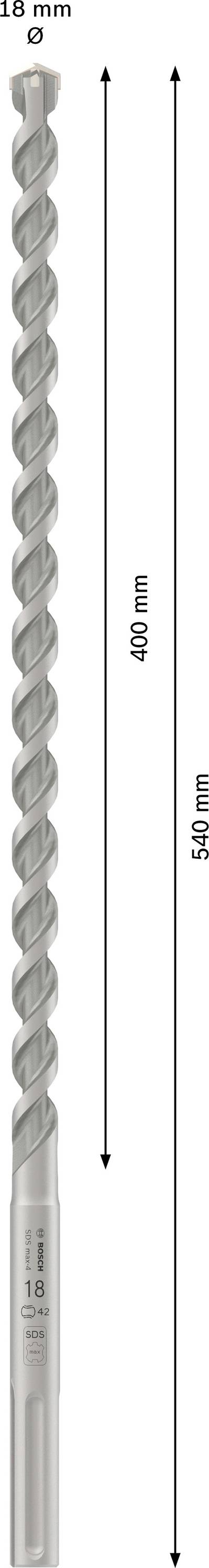 En borr med en längd på 650 mm och en diameter på 18 mm, visad med två mätpilar som anger dess mått.