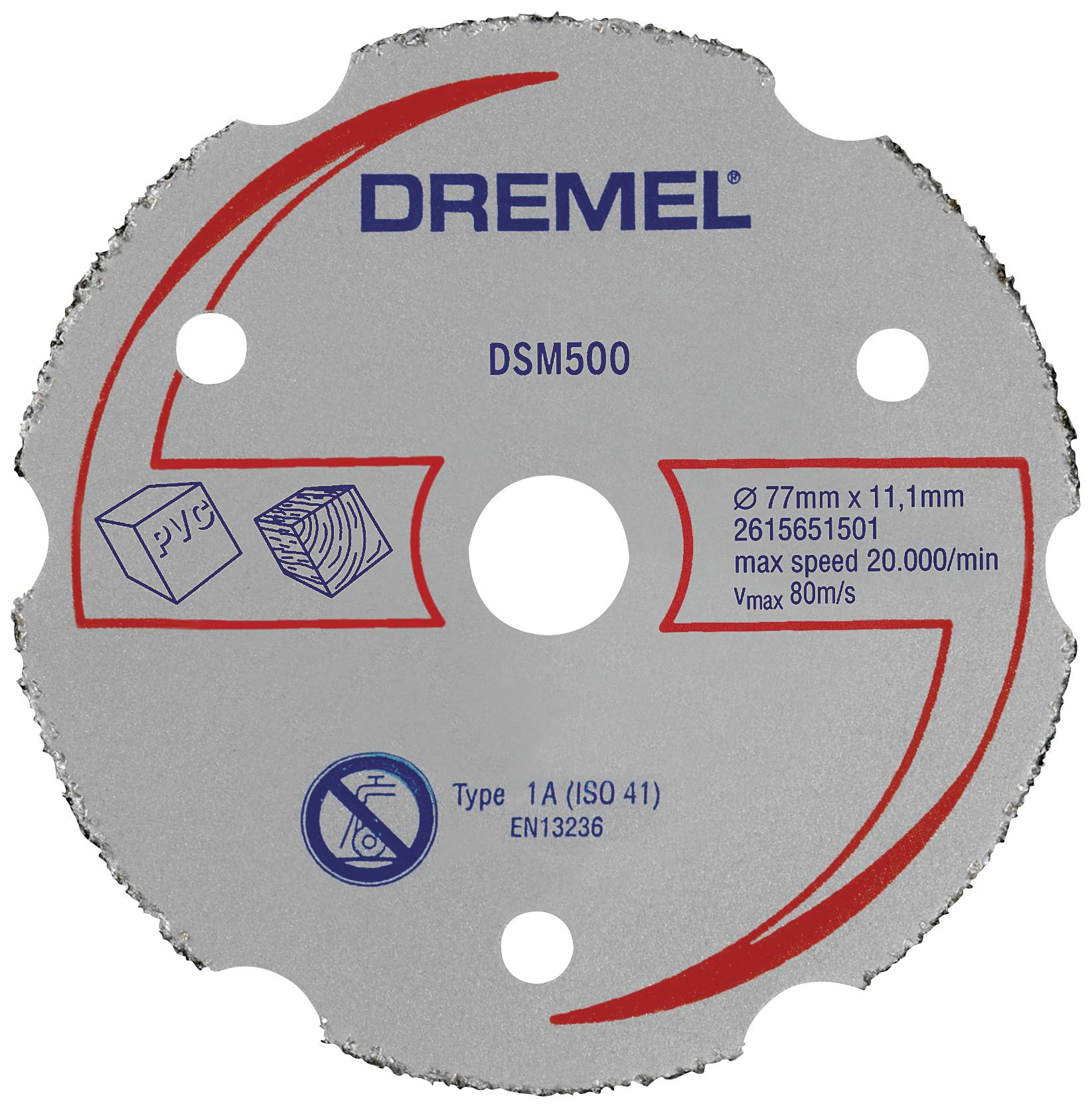 Kapskiva märkt 'Dremel DSM500'. Specifikationer: Diameter 77 mm, max. hastighet 20.000 varv/min. Trä- och PVC-skärsymboler.