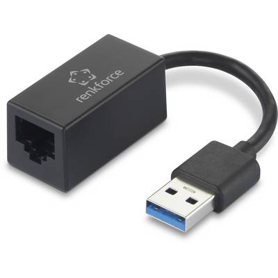 Svart USB 2.0 till RJ45-nätverksadapter från renkforce med en Ethernet-anslutning och en USB-kontakt, lämplig för nätverksanslutningar.
