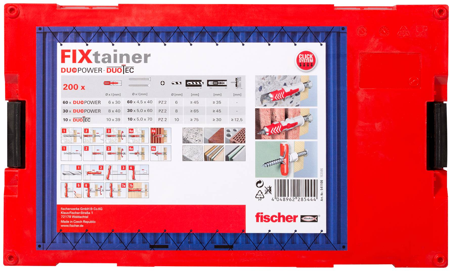 Röd verktygslåda med etikett där det står "FIXtainer". Visar bilder och instruktioner för användning av fästanordningar.