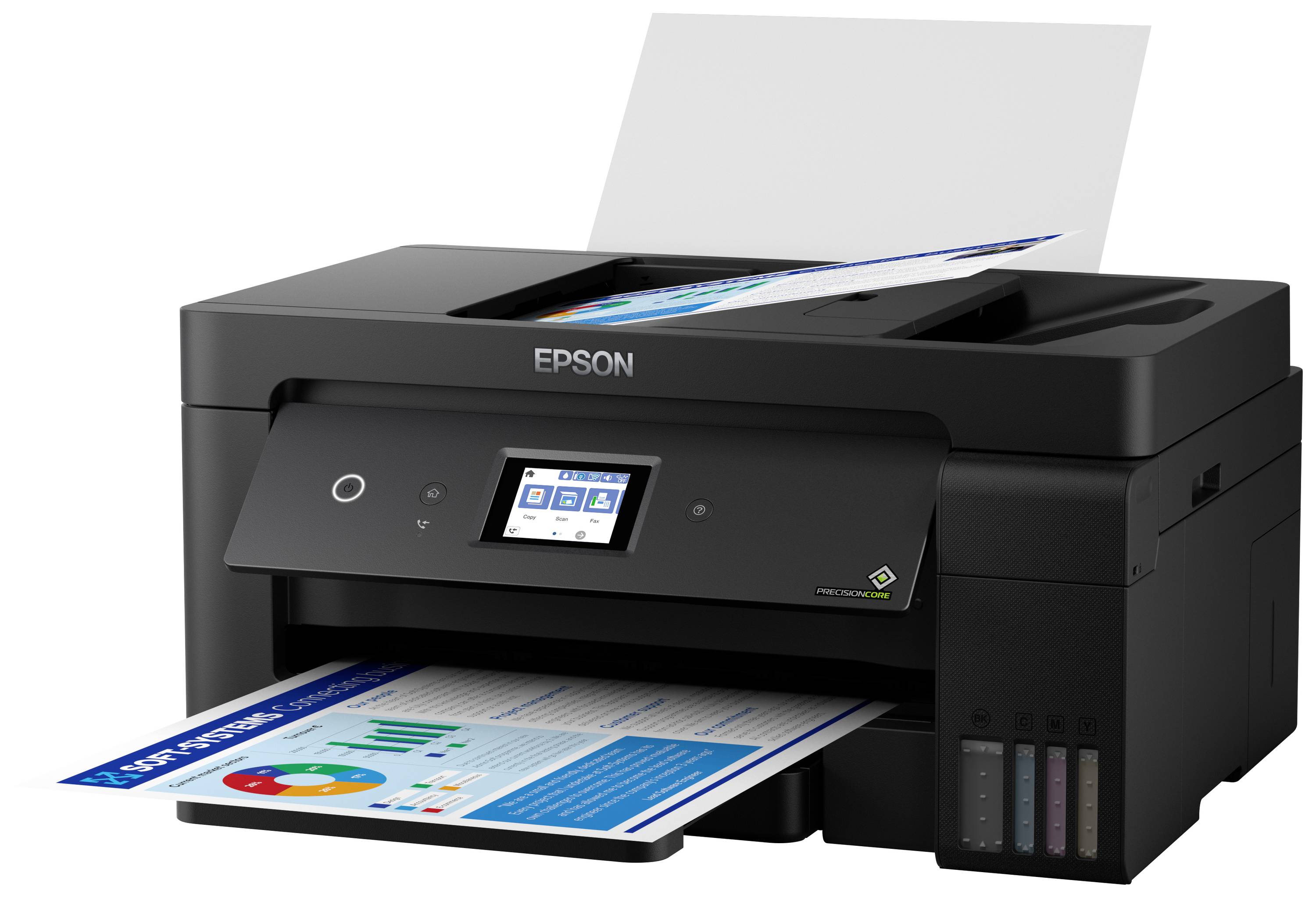 En Epson-skrivare som skriver ut ett färgdokument med diagram och grafik. Displayen visar utskriftsinställningar.