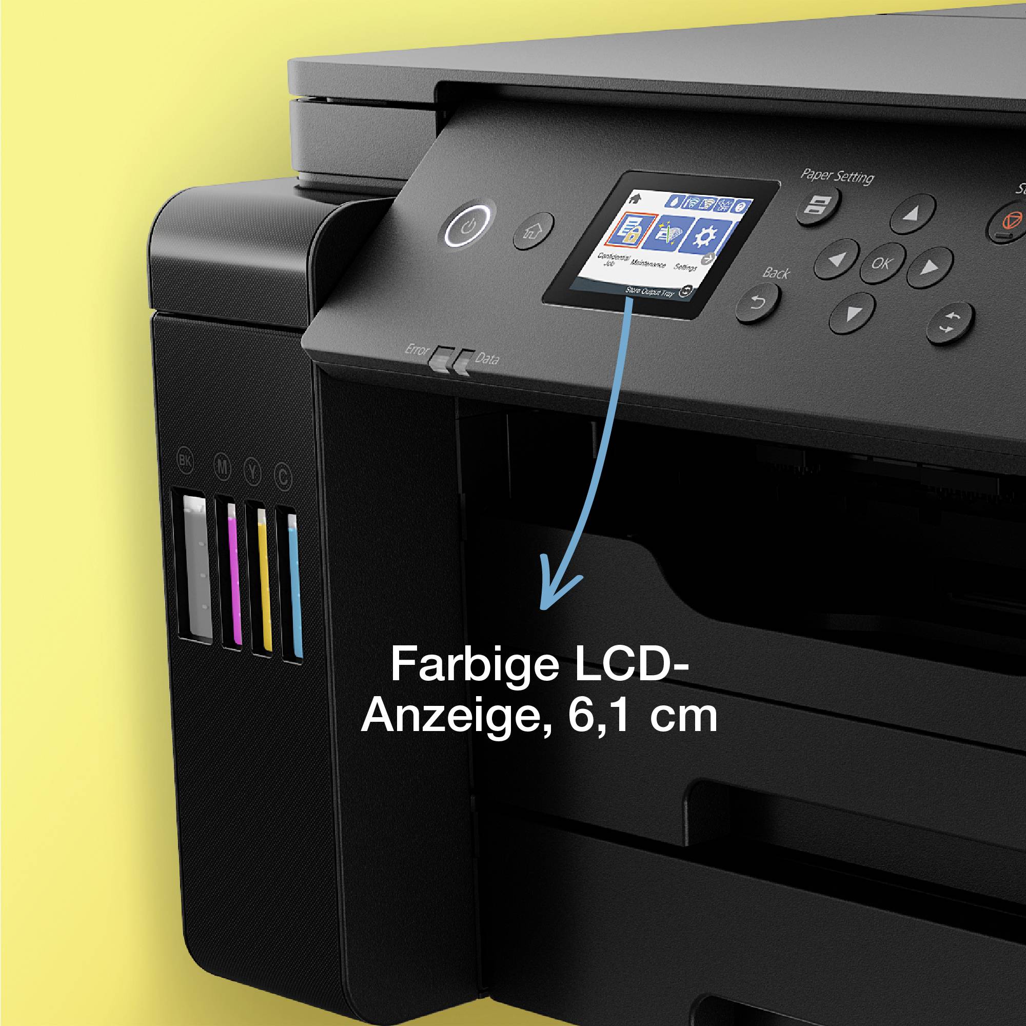 Skrivare med färgskärm i LCD, 6,1 cm, och synliga bläckpatroner på sidan för cyan, magenta, gul och svart.