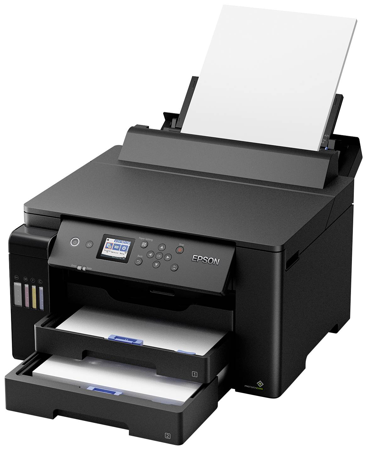 En svart skrivare med två pappersfack, ett manöverpanel med display och knappar, är klargjord att skriva ut papper från en hög.