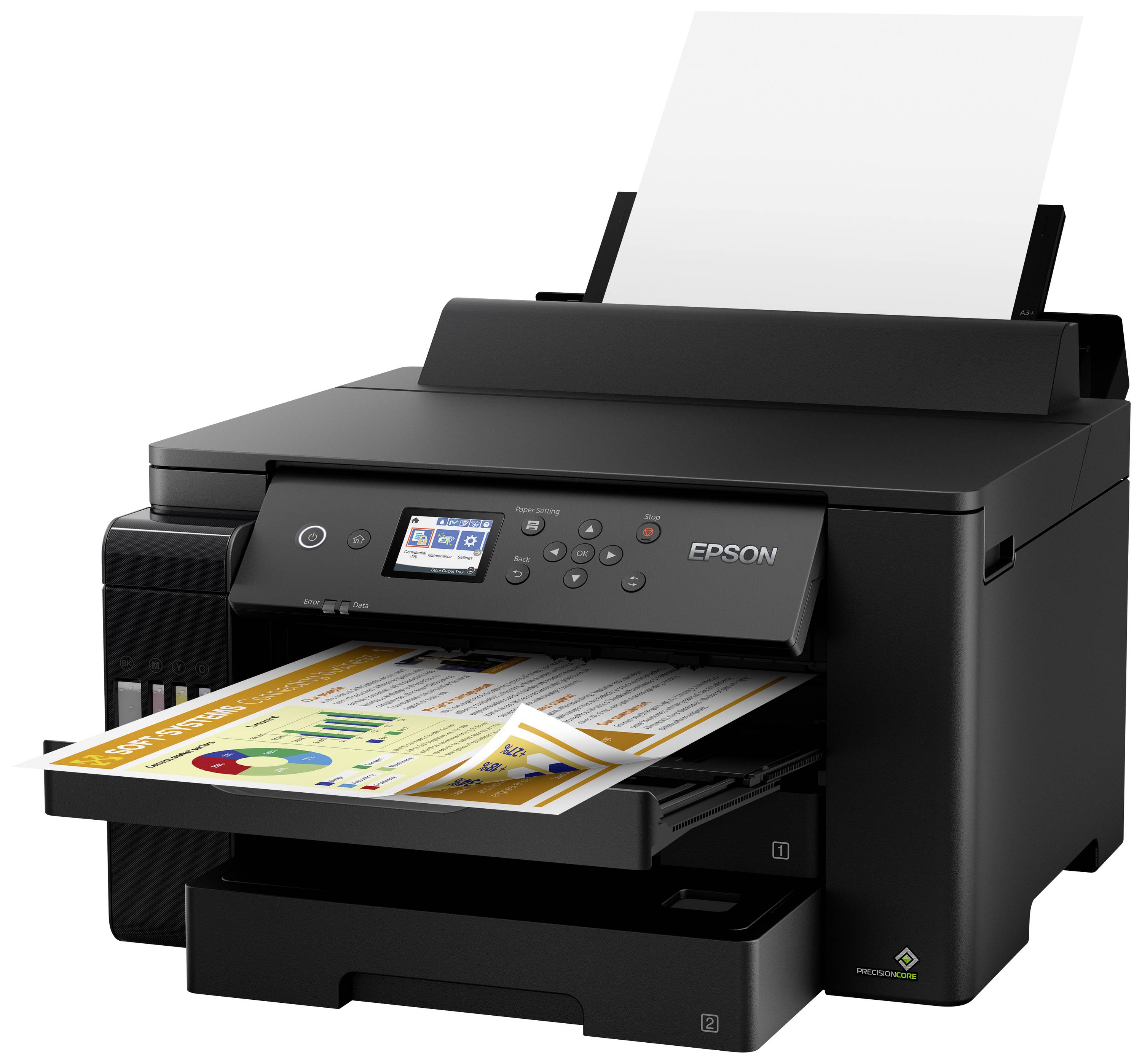 Svart multifunktionsskrivare med kontrollpanel, skriver ut färgdokument med grafik och diagram på A4-papper.