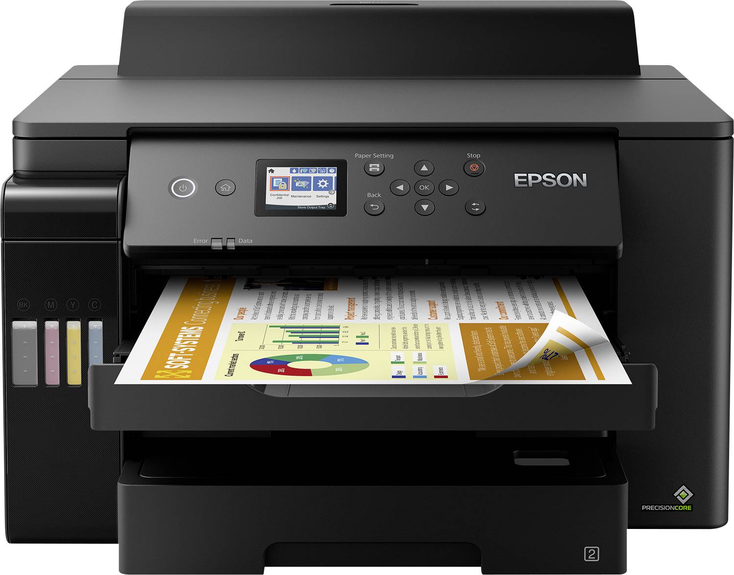En skrivare skriver ut ett färgat diagramdokument. Diagrammet visar staplar och cirklar som sannolikt representerar statistiska data.