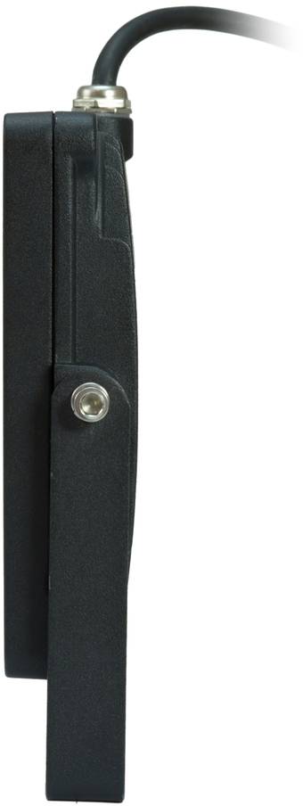 En svart apparat sedd från sidan, med en kabel på ovansidan.