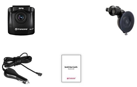 En Transcend-dashcam med GPS-funktion, en sugkoppsfäste, en billaddningskabel och en snabbstartsguide visas.