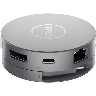 En rund, silverfärgad adapter med Dell-logotyp, utrustad med flera portar inklusive USB-C och Ethernet-anslutning för anslutningsändamål.