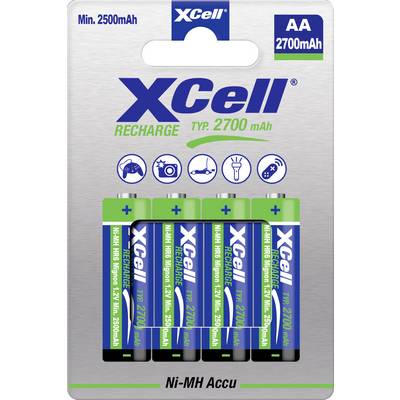 Xcell laddningsbara AA Ni-MH-batterier, paket märkt Min. 2500mAh och 2700mAh, visar fyra AA-batterier och användningsikoner.