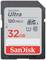 SanDisk Ultra SD-kort, 32 GB minne, läshastighet upp till 120 MB/s, lämplig för Full-HD-videoinspelningar.