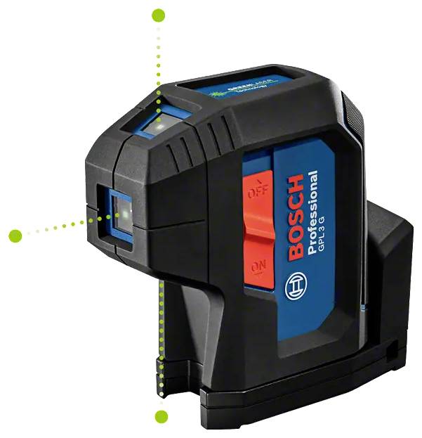 Ett Bosch Professional lasernivåinstrument med röda och gröna knappar för drift, använt för precisionsalignering av objekt, som visar laserstrålarna.