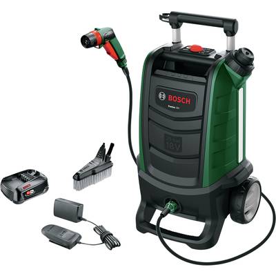 En bärbar högtryckstvätt med tillbehör: en sprutpistol, ett batteri, en laddare och en borste. Varumärkets logotyp synlig.