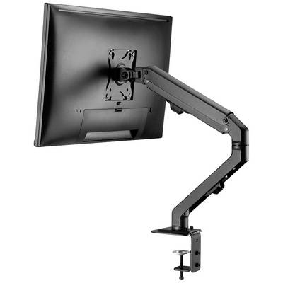 Skrivbordsmonterad monitorfäste med rörlig arm som håller en skärm.