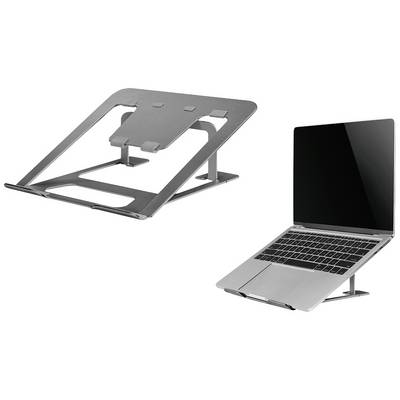 Laptop på ett justerbart aluminiumstativ som förbättrar ergonomin vid arbete. Skärmen är i ögonhöjd.