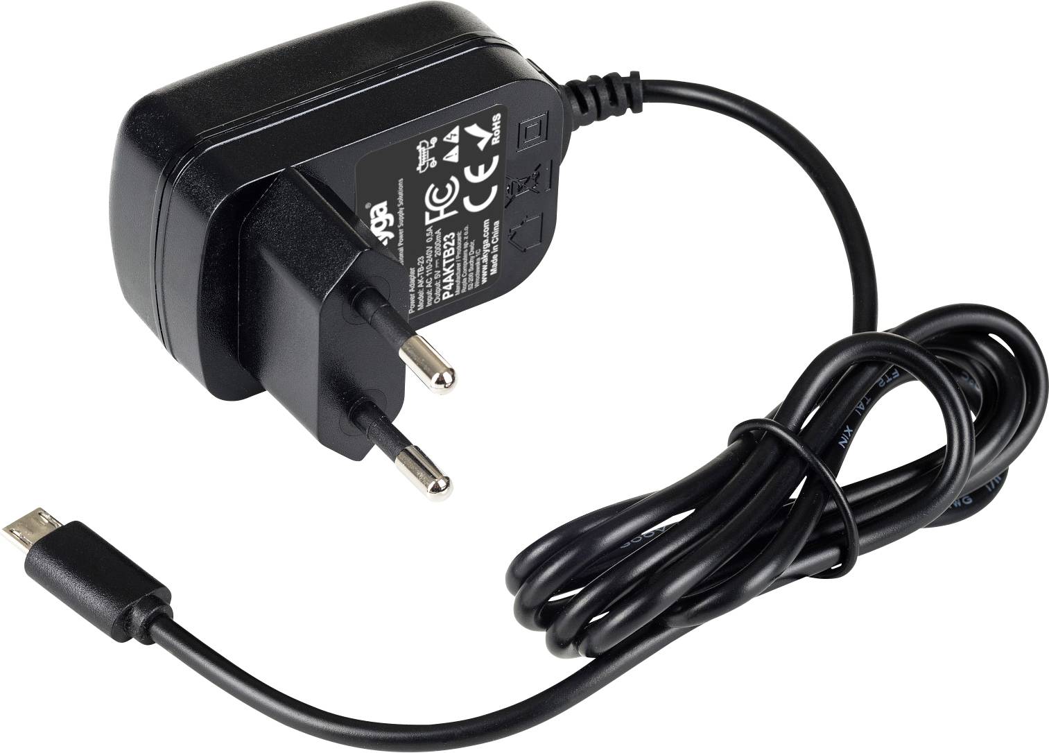 Ett svart nätadapter med EU-kontakt och Micro-USB-kabel är avbildad. Den visar olika tekniska symboler på ovansidan.